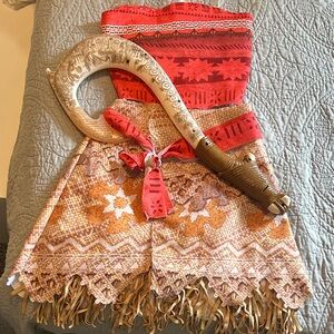 DISNEY MOANA W/LIGHT UP HOOK and Red and Tan Boho Fringe Strapless Dress